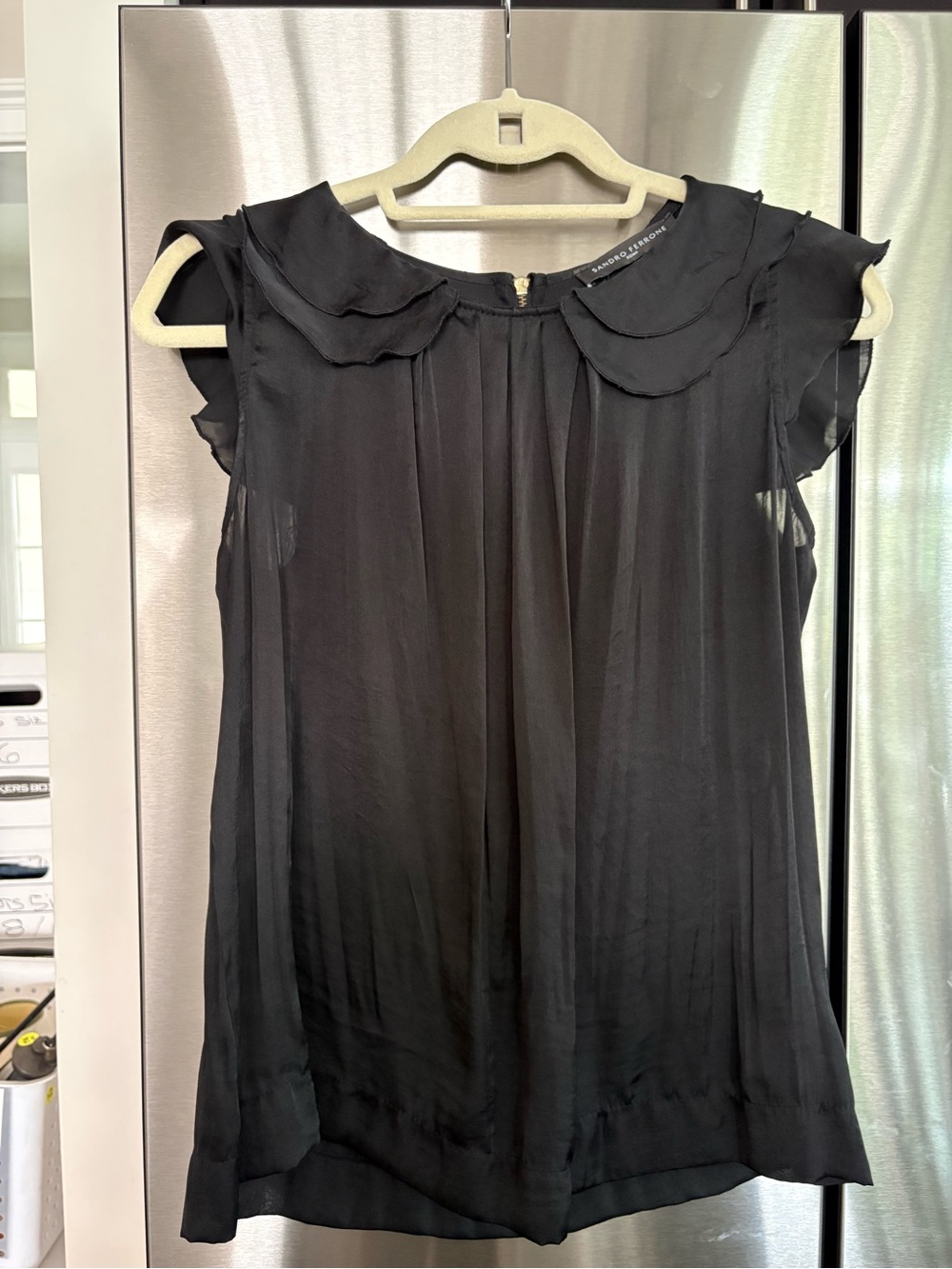 Sandro Ferrone-Rome Black Cap Sleeve Blouse with Peter Pan Collar